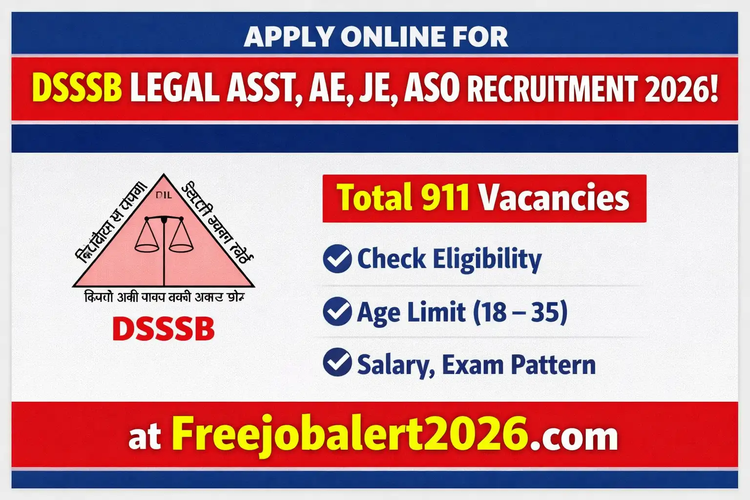 DSSSB Legal Asst AE JE ASO Recruitment 2026 Notification Freejobalert2026