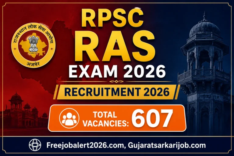 Official banner for RPSC RAS Recruitment 2026 highlighting 607 vacancies and important dates at Freejobalert2026.com