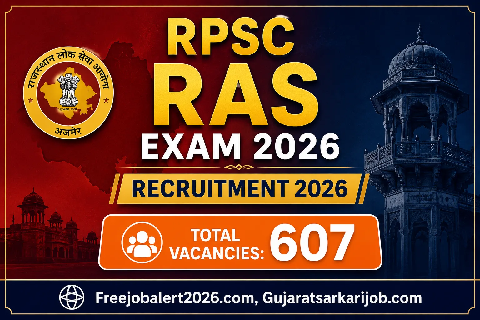 Official banner for RPSC RAS Recruitment 2026 highlighting 607 vacancies and important dates at Freejobalert2026.com